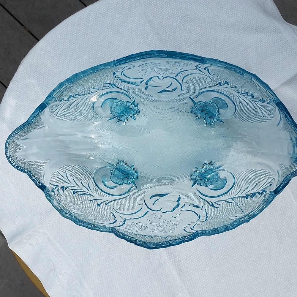 Vintage Jeannette mid century Pressed Glass Blue Footed Hombre  Compote Bowl MCM - Picture 11 of 17